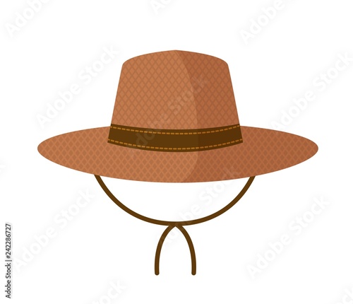 Straw hat with straps isolated on white background. Woven head accessory of agricultural worker or gardener, headdress, headgear. Decorative design element. Vector illustration in flat cartoon style.