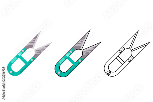 Scissors yarn thread cutter snips trimming nipper tool sew cloth flat design isolated icon vector illustration