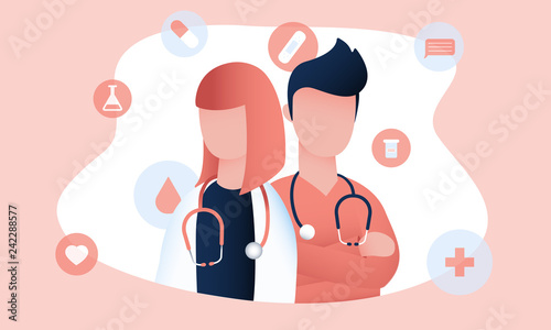 Two doctors with stethoscopes are ready to give qualified medical support online and offline. Colorful vector illustration for web and printing.