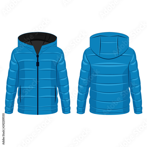Baby blue winter down zipped jacket with hood isolated vector on the white background