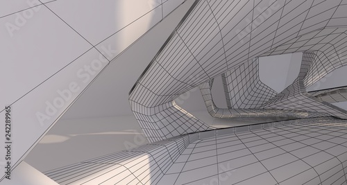 Abstract drawing white interior multilevel public space with window. 3D illustration and rendering.