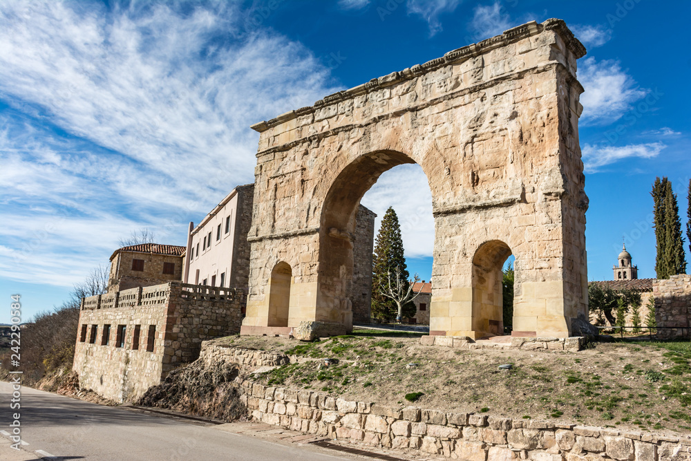 The Arch of Medinaceli is a unique example of monumental Roman triumphal arch within Hispania. Located in Medinaceli, province of Soria, it is the only one of three spans existing in Spain.