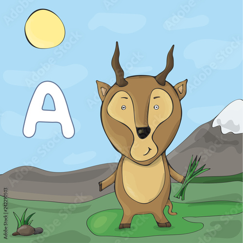 Antelope near the mountains. Children`s illustrated alphabet. Letter A.