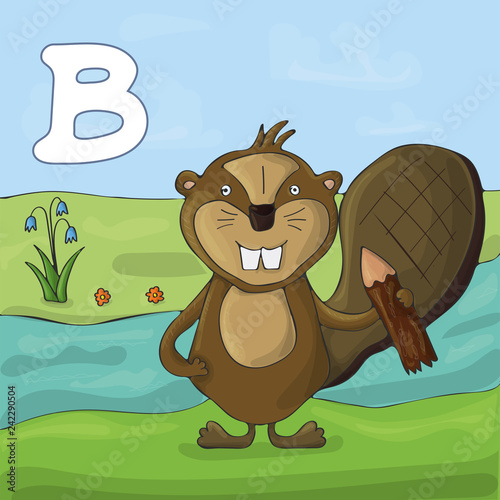 Beaver near the river with a log in the paw. Children's illustrated alphabet. Letter B.