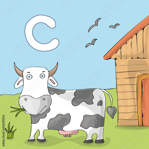 White cow eating grass near the barn. Children's illustrated alphabet. Letter . -