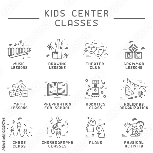 Icon collection of kids center classes. Linear style vector illustration. Suitable for website or advertising