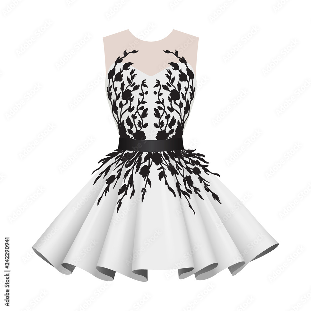Vettoriale Stock Elegant white with black women cocktail dresses, fashion  clothes with pattern print, with short skirt, flat style vector illustration  isolated on white background | Adobe Stock