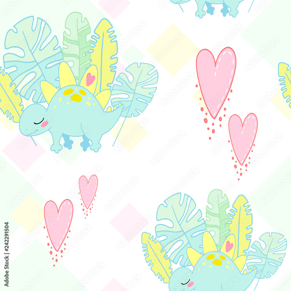 fairy-tale vector seamless pattern with cartoon pastel rhombuses, dinosaurs, leaves, hearts