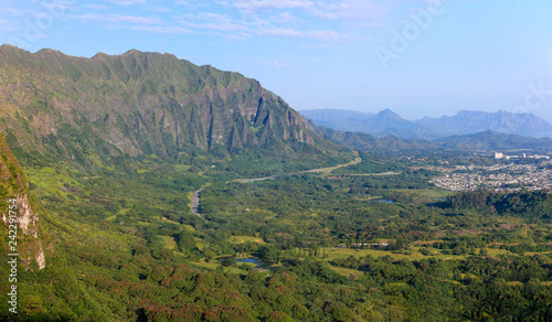 Kaneohe town at base of Koolau Mountain range near Kaneohe Bay, east Oahu, Hawaii. photo