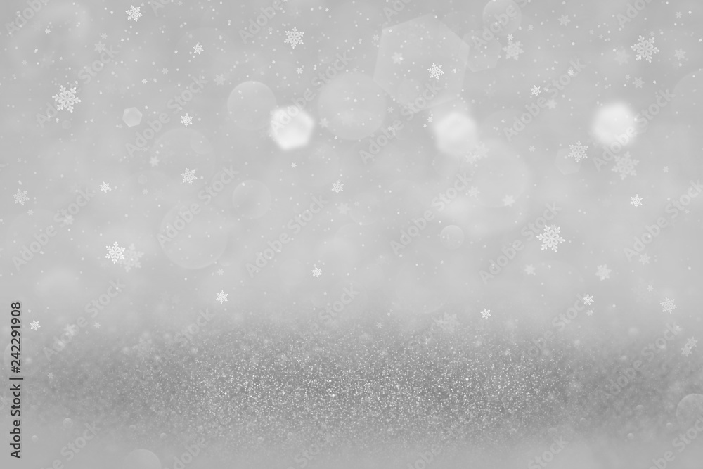 Fototapeta premium cute bright glitter lights defocused bokeh abstract background and falling snow flakes fly, celebratory mockup texture with blank space for your content