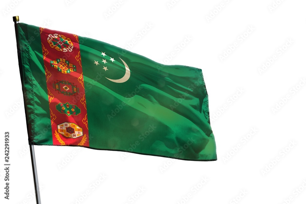 Fluttering Turkmenistan flag on clear white background isolated.