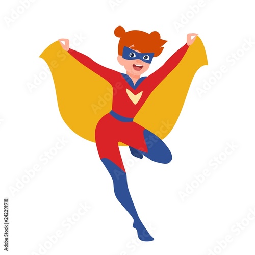 Happy funny supergirl or girl with super powers