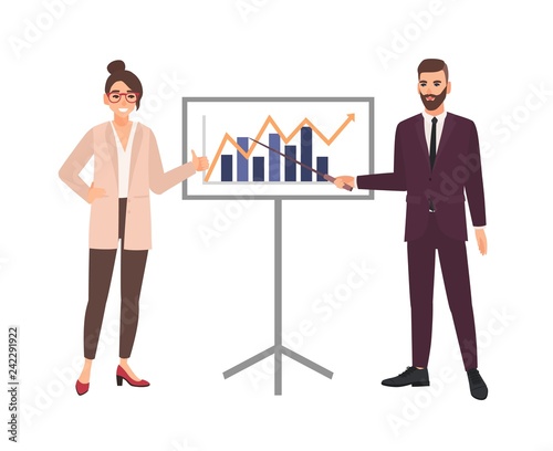 Male office worker making presentation in front of female boss. Business meeting, training, learning. Funny cartoon characters isolated on white background. Vector illustration in modern flat style.