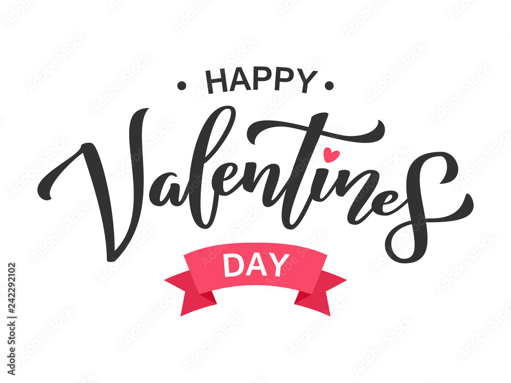 Happy Valentines Day greeting lettering. Ink typography phrase for valentine card. Black text isolated on white background with pink heart