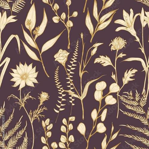 Romantic seamless pattern with blooming garden flowers hand drawn on dark bac...