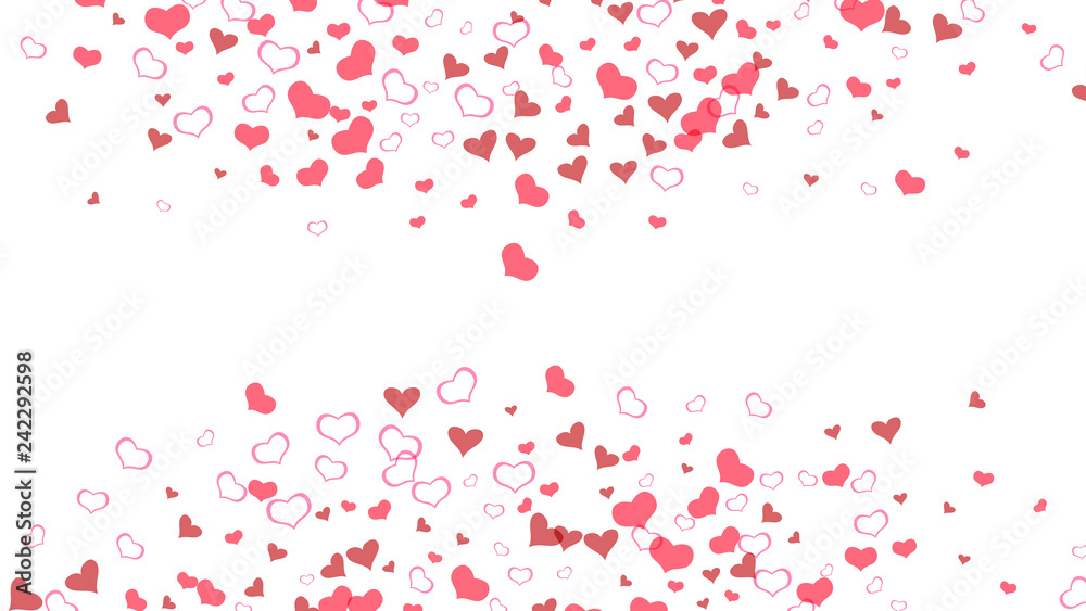 Part of the design of wallpaper, textiles, packaging, printing, holiday invitation for wedding. Red on White background Vector. Red hearts of confetti are falling. Happy background.