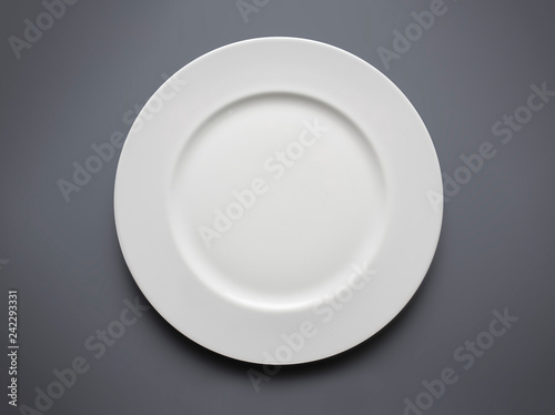 empty white plate from above on grey background
