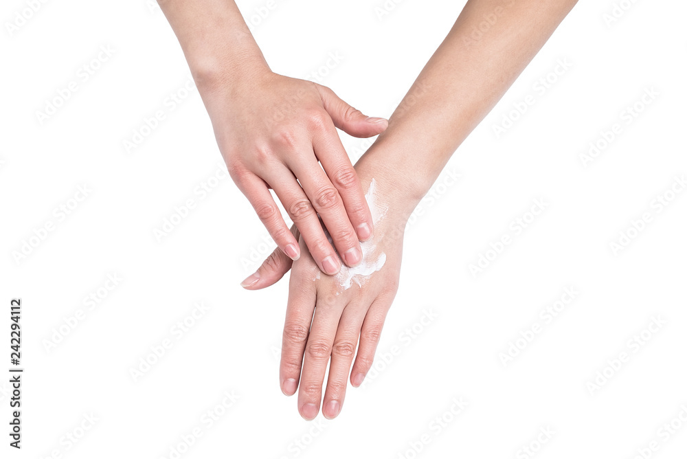 Asian women's hands rubbing hand cream