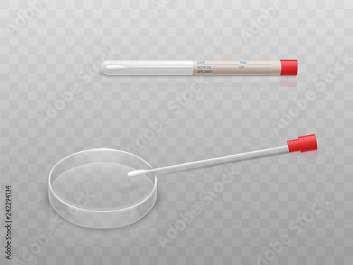 Vector medical set for sputum analysis - Petri dish and q-tip with cotton swab in transparent glass capsule. Individual hygiene toiletries in plastic box with data for hospital. Health care concept.