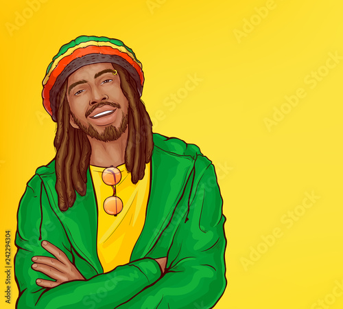 Vector pop art male character - smiling rasta guy with dreadlocks. Man from Jamaica in green jacket, bright cap isolated on yellow background. African rastafarian with beard, mustache, reggae person. photo