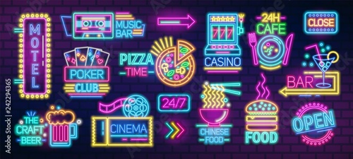 Collection of symbols, signs or signboards glowing with colorful neon light for poker club, casino, pizzeria, Chinese food cafe or restaurant, motel, cocktail bar. Bright colored vector illustration.