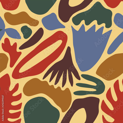 Motley seamless pattern with abstract colorful patches, shapes and tropical l...