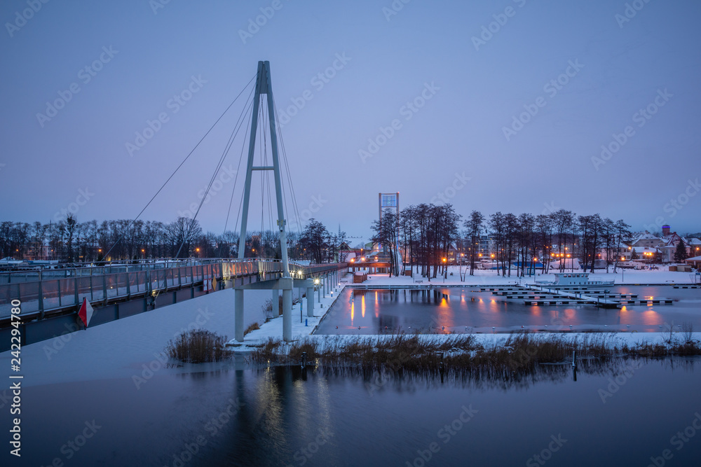 Marina at Niegocin lake at night in Gizycko, Masuria, Poland