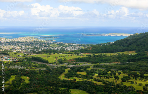 Kaneohe Bay area, east Oahu, Hawaii. View from Pali Lookout high on Koolau Mountain Range.