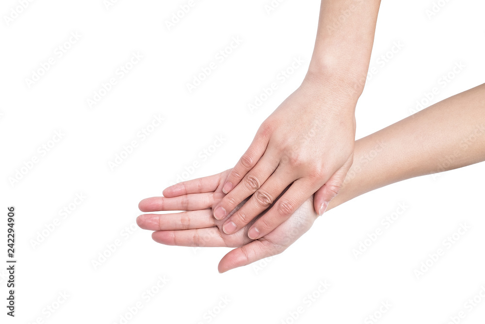 Asian women's hands rubbing hand cream
