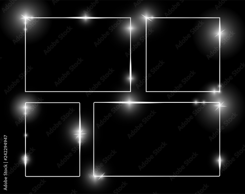 Metal shiny glowing frames set isolated on black background. Pack of ...