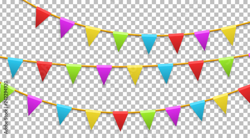 Colored garland flags isolated on transparent background. Carnival, birthday, celebration, party, new year or festival concept. Vector illustration
