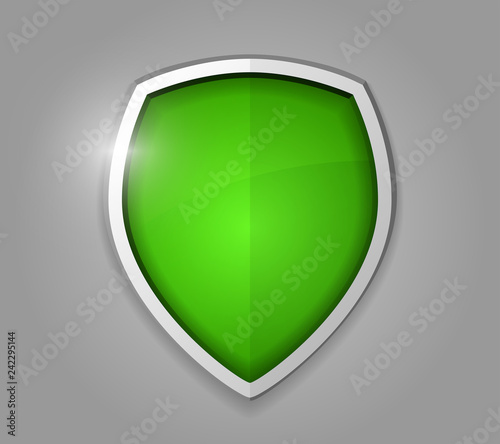 Clear green realistic shining shield icon. Defense, safety, privacy, security, safeguard or antivirus concept. Vector illustration
