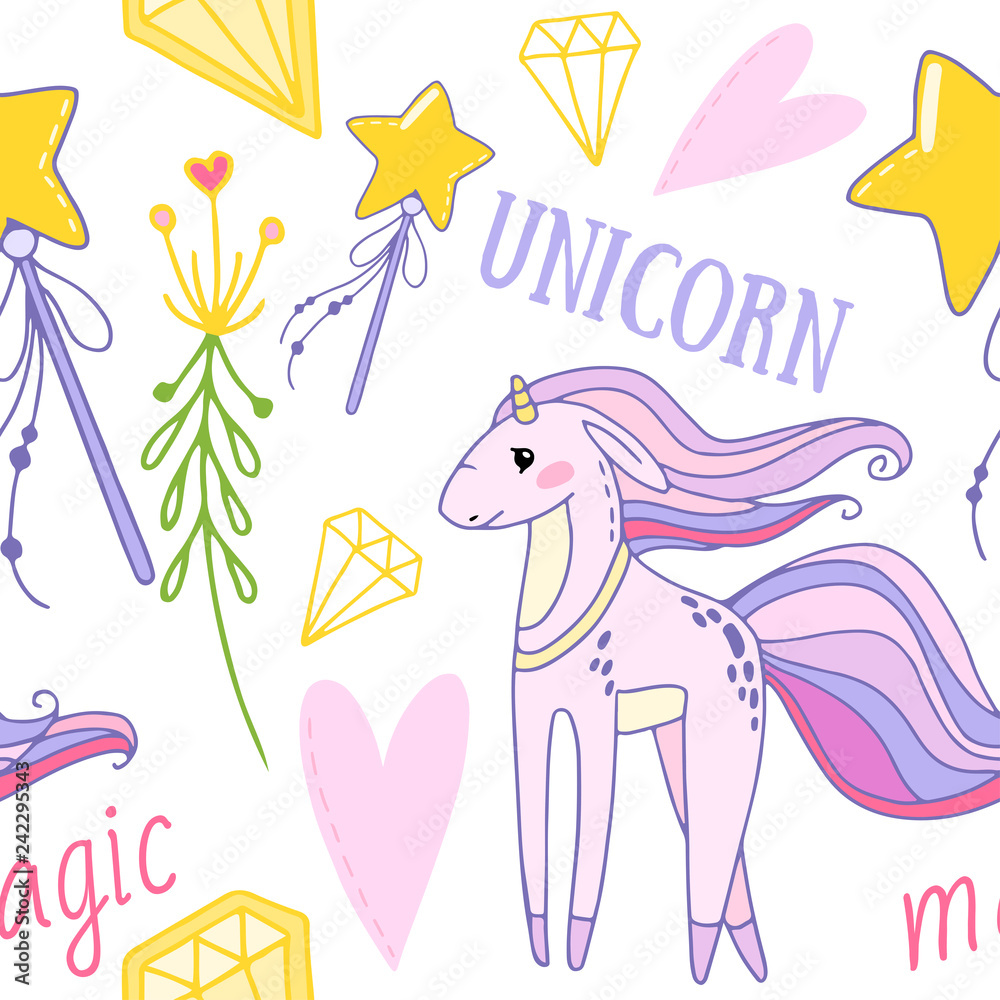 fairy tale vector seamless pattern with cartoon unicorn, heart, magic wand, diamond, plant, flower
