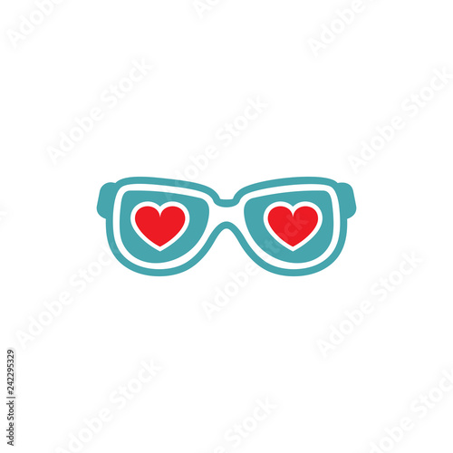 The vector illustration sunglasses and heart in them is reflected. Set of vector symbols. To distinguish and see love. Flat design 