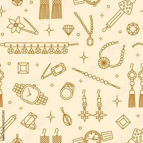 Seamless pattern with elegant jewelry items drawn with contour lines on light background - earrings, brooch, necklace, gemstone, wristwatch. Vector illustration in linear style for wrapping paper.