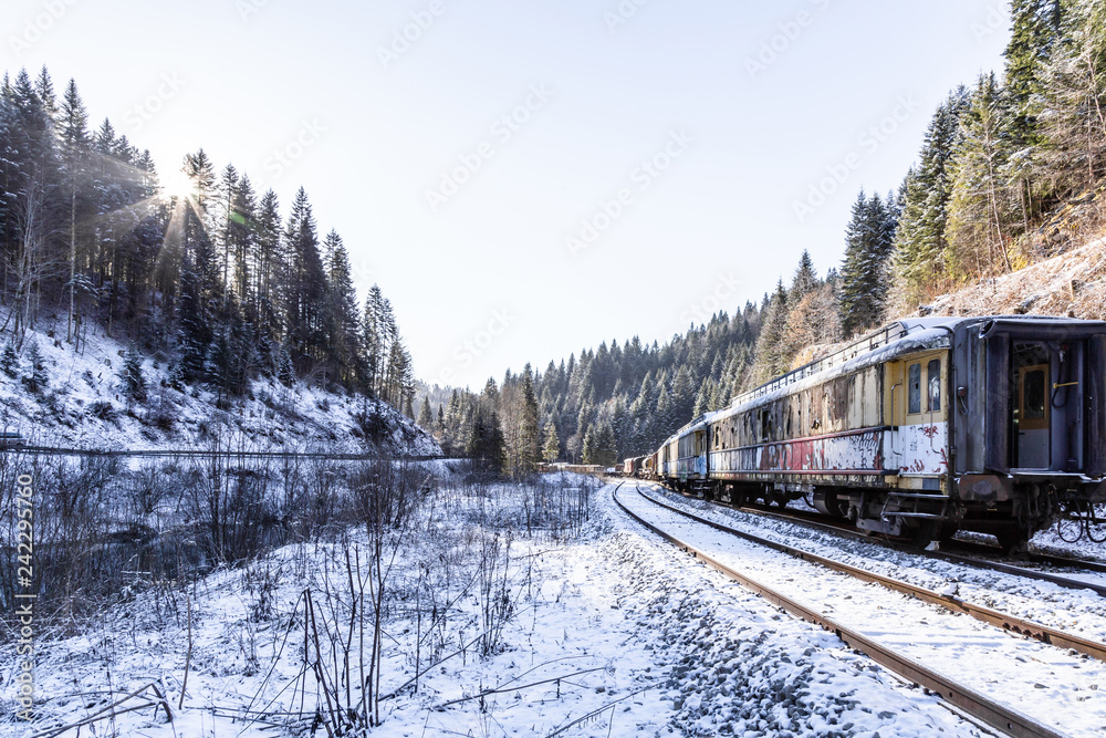 Train. Hills. Rusty. Snow. Winter. Forest Train. Hills. Rusty. Snow. Winter. Forest