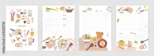 Collection of recipe card or sheet templates for making notes about meal preparation and cooking ingredients. Empty cookbook pages decorated with colorful crockery and vegetables. Vector illustration. photo