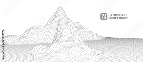 Abstract wireframe background. 3D grid technology illustration landscape. Digital Terrain Cyberspace in the Mountains with valleys. Data Array. | EPS10 Vector.