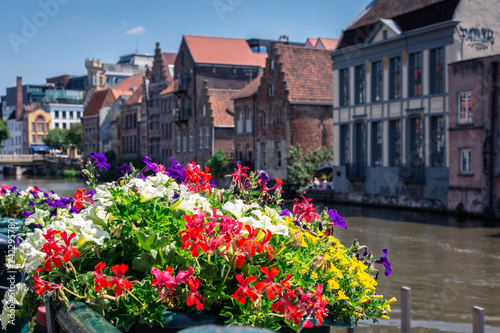 flower pots at the edge of the canal on a sunny day in Ghent, Belgium, Europe. Nice view of picturesque medieval houses on the quay of Leie river and flowers, Old Town of Ghent, Belgium © Fernando.RM