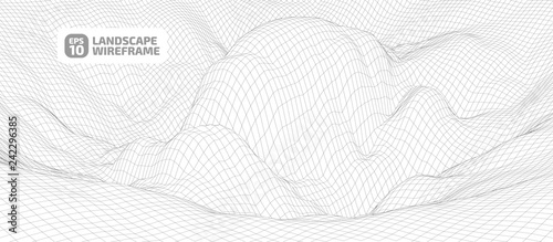 Abstract wireframe background. 3D grid technology illustration landscape. Digital Terrain Cyberspace in the Mountains with valleys. Data Array. | EPS10 Vector.