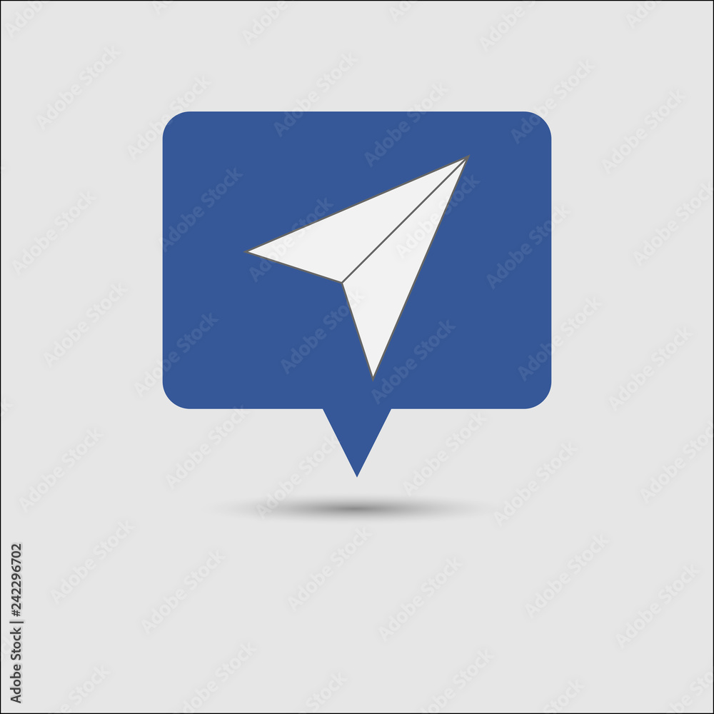 Paper plane share icon, blue social media message notification popup