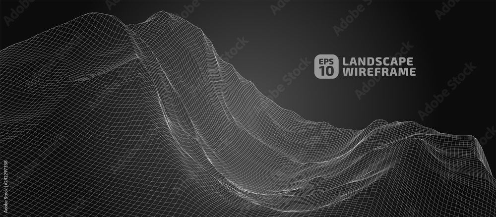 Abstract wireframe background. 3D grid technology illustration landscape. Digital Terrain Cyberspace in the Mountains with valleys. Data Array. | EPS10 Vector.