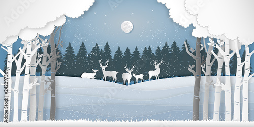 Paper art , cut and digital craft style of Deers in the pine forest in the winter season with trees and snow  as Nature and Happy New Year concept. vector illustration