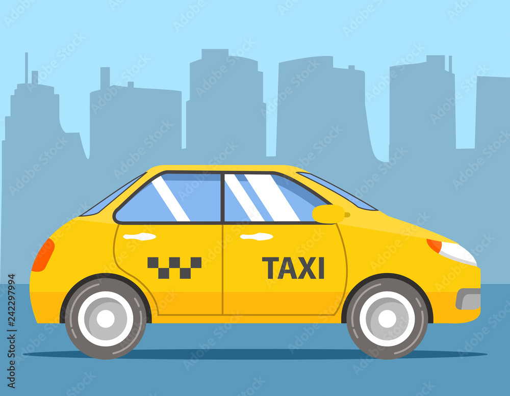 Yellow taxi cab. Car hatchback side view. Flat vector. 