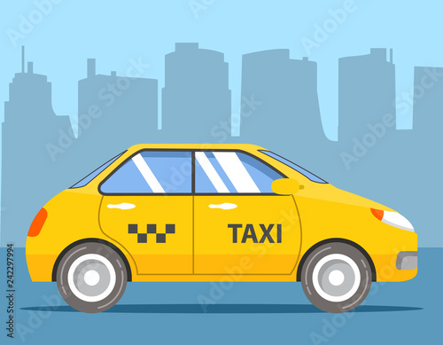 Fototapeta Naklejka Na Ścianę i Meble -  Yellow taxi cab. Car hatchback side view. Flat vector. 