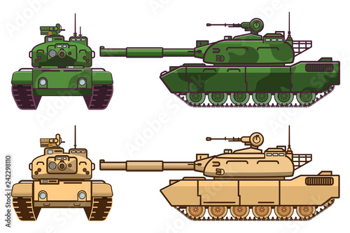 Military tank.Modern military equipment.Armored artillery vehicle.Tower machine gun.Cartoon war green camouflage transport.