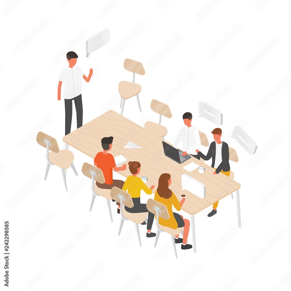 Group of people or office workers sitting at table and talking to each other. Work meeting, formal discussion, team communication, brainstorm, business negotiation. Isometric vector illustration. Group of people or office workers sitting at table and talking to each other. Work meeting, formal discussion, team communication, brainstorm, business negotiation. Isometric vector illustration.