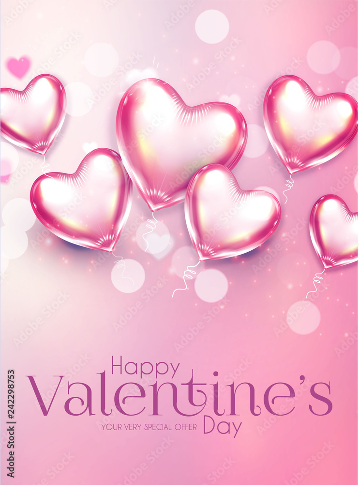 Valentine s Day Design Template with Glossy Heart Balloons and Blur Background.