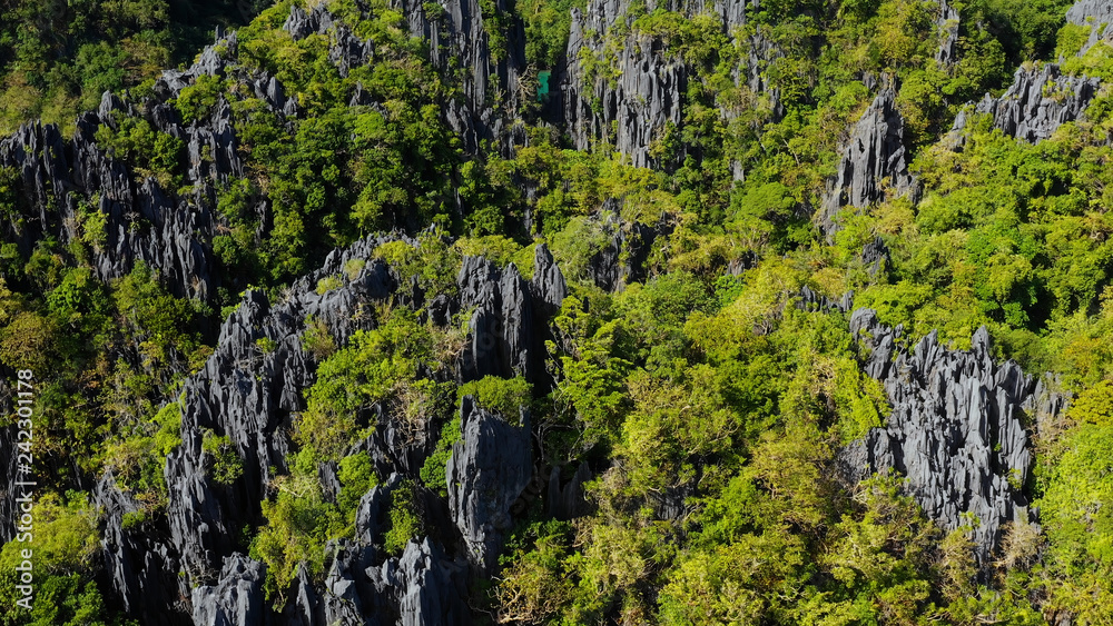 Cliff and island in aerial view, El Nido Philippines Cliff and island in aerial view, El Nido Philippines