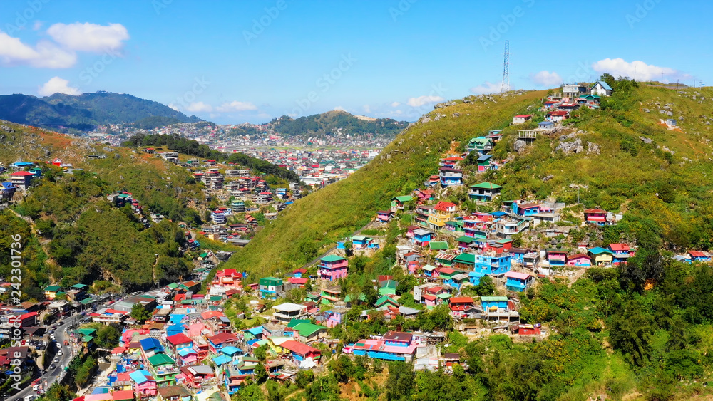 Colorful Houses in aerial view, La Trinidad, Benguet, Philippines Stock